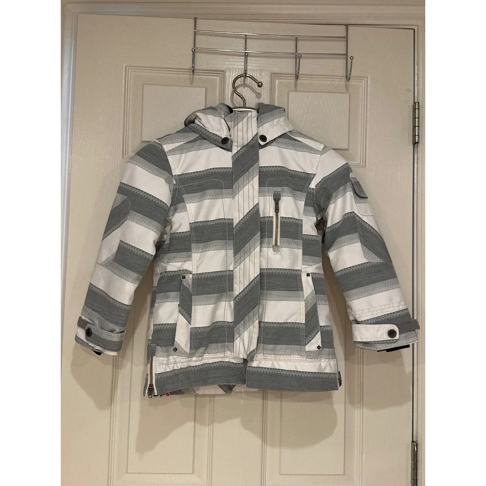 Obermeyer Kids Grey White Striped Insulated Ski Jacket Size 6 Juniors Hooded